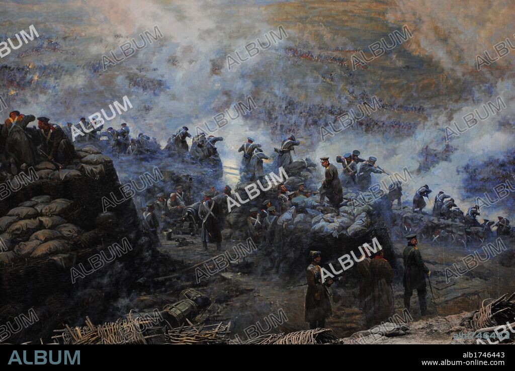 GUERRA DE CRIMEA (1853-1856). Conflicto bélico entre el Imperio Ruso y la alianza de Reino Unido, Francia, el Imperio Otomano y el Reino del Piamonte. Cuadro panorámico obra de Francisco RUBO (1856-1928). "SITIO DE SEBASTOPOL, 1854-1855". La ciudad a orillas del Mar Negro, fue sitiada durante 11 meses. El cuadro mide 1610 metros cuadrados de superficie. Detalle. Museo de la Heroica Defensa y Liberación de Sebastopol. Península de Crimea. Ucrania.