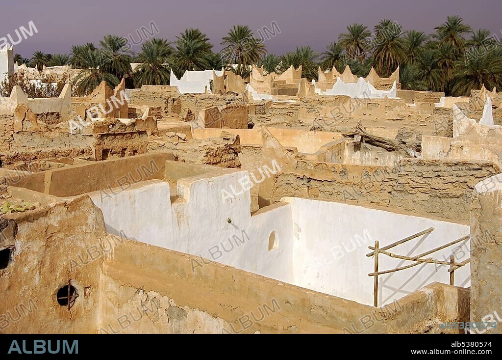 Decaying clay buildings in the old town of Ghadames, UNESCO world heritage, Libya, Africa.