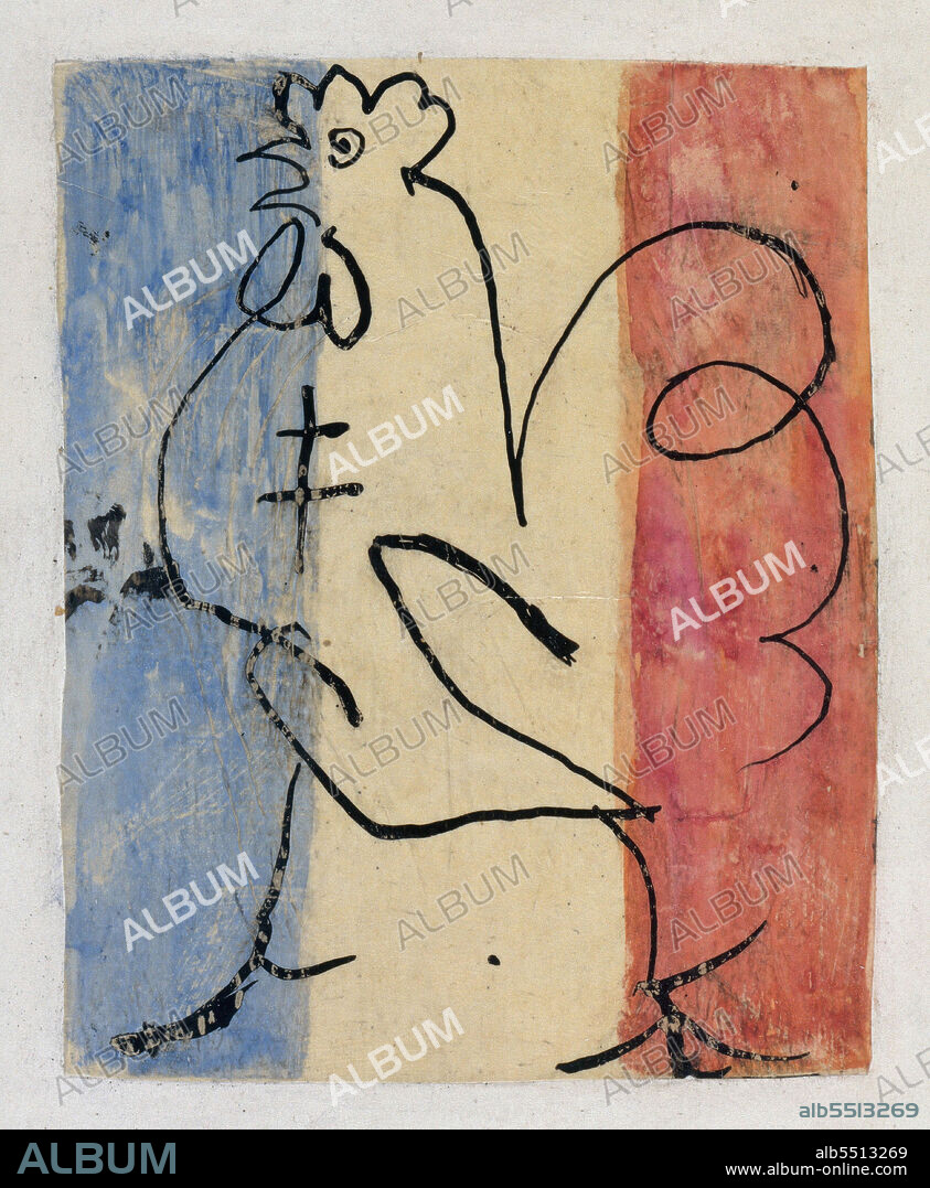 PABLO PICASSO. Coq tricolore à la croix de Lorraine.