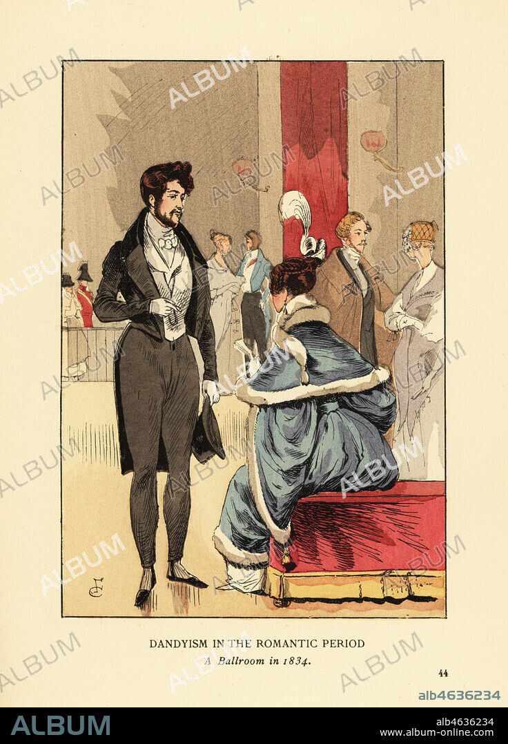 Dandyism in the Romantic Period, A ballroom in 1834. Fop in coat with tails, tight pants and top hat. Woman in fur-trim dress with feather in her hair. Handcoloured lithograph by R.V. after an illustration by Francois Courboin from Octave Uzannes Fashion in Paris, William Heinemann, London, 1898.