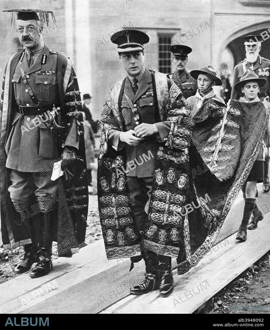 The Prince of Wales as chancellor of the University of Wales, Bangor, 1923. The future King Edward VIII in military uniform and ceremonial robes. Illustration from George V and Edward VIII, A Royal Souvenir, by FGH Salusbury, a souvenir book published as Edward VIII was crowned following the death of his father, George V, (Daily Express Publication, London, 1936).
