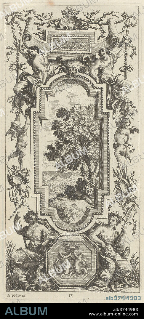 MICHEL DORIGNY, AFTER SIMON VOUET. Ornamental Panel Surmounted by a Maritime Scene and a Shell. Dated: 1647. Dimensions: sheet: 45 × 23.2 cm (17 11/16 × 9 1/8 in.)  plate: 24.6 × 11.8 cm (9 11/16 × 4 5/8 in.). Medium: etching with engraving on laid paper.