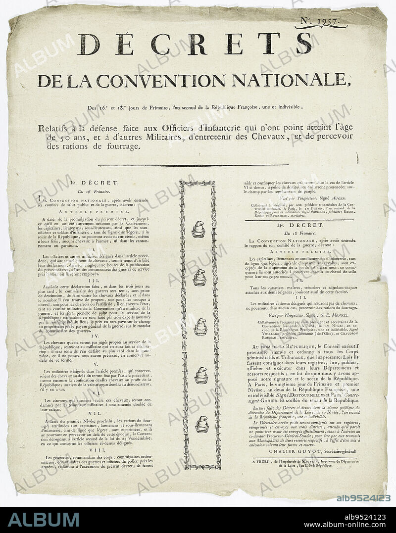 N°. 1957. DECRETS OF THE NATIONAL CONVENTION, Of the 16th. and 18th. days of Frimaire, the second year of the French Republic sic, one and indivisible, Relative to the defense made to the Officers of Infantry which did not reach the age of 50 years, and. Magnein, Marc, Printer, In 1793, Graphic arts, Manuscripts, printed matter, binding, Poster, Typography = letterpress printing, Height: 53.5 cm, Width: 41.3 cm.