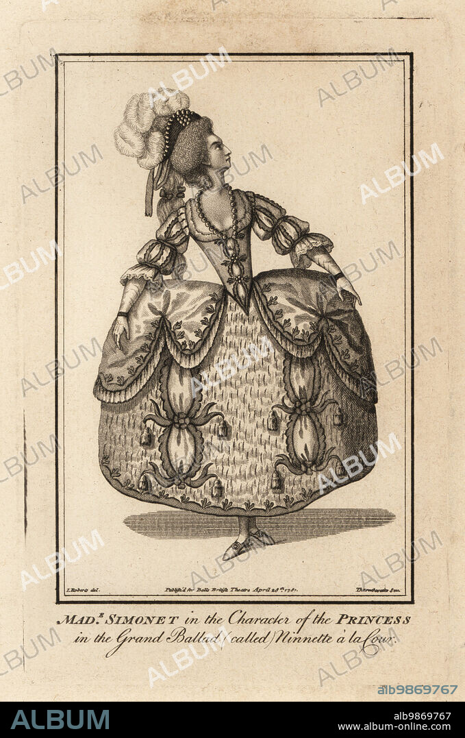 Madame Adelaide Simonet in the character of Princess Ninette in Gaetan Appoline Balthazar Vestriss Grand Ballet called Ninette at la Cour, Kings Theatre, 1781. Adelaide de Camp married the dancer Louis Simonet and accompanied him to England in the 1770s. Copperplate engraving by J. Thornthwaite after an illustration by James Roberts from Bells British Theatre, Consisting of the most esteemed English Plays, John Bell, London, 1781.