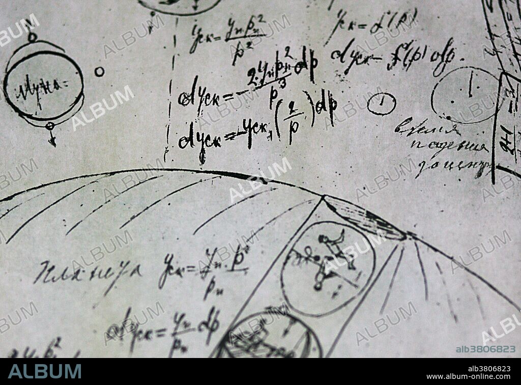 Handwritten calculations and sketches relating to space travel by Konstantin Tsiolkovsky (September 17, 1857 - September 19, 1935), a Russian and Soviet rocket scientist and pioneer of astronautic theory. On display at the Kaluga Space Museum, Russia.