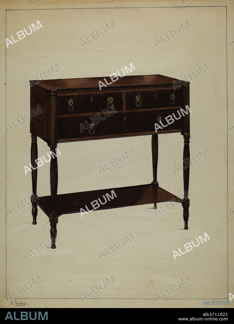 NICHOLAS GORID. Side Board. Dated: 1936. Dimensions: overall: 28.8 x 22.7 cm (11 5/16 x 8 15/16 in.)  Original IAD Object: 3'7"high; 6'wide; 24 1/2"deep. Medium: watercolor, colored pencil, graphite and heightening on paperboard.
