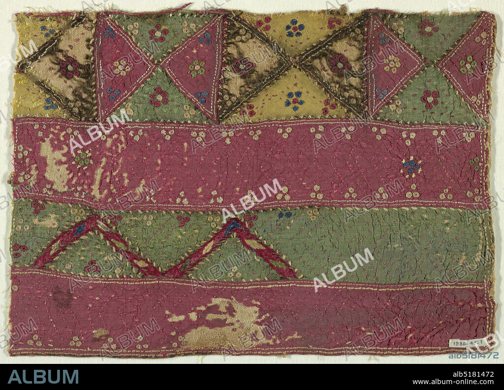 Embroidered tiraz, Medium: linen, silk Technique: embroidered, Four horizontal bands, the lower three in red and green. The top is divided into squares, each square comprised of four triangles in gree, red, yellow and black. Joinings backstitched in white linen thread. Small eyelets embroidered in red, white, green, blue and yellow silk and white linen. In green band, two points in red, green, white, blue and yellow silk. Almost entire piece quilted in zigzags with red silk thread., 12th13th century, embroidery & stitching, Embroidered tiraz.