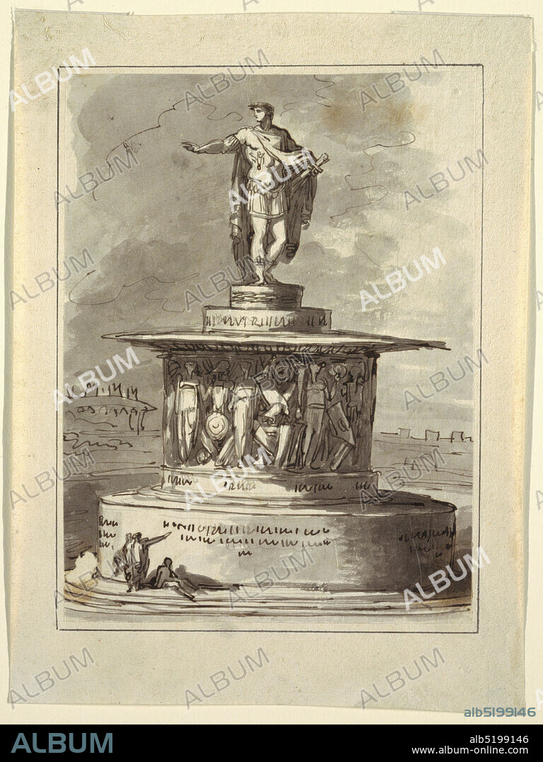 Project for a monument for Foro Bonaparte, Milan, 1800, Felice Giani, Italian, 17581823, Pencil, pen, and black ink; gray wash watercolor. Paper., Vertical rectangle. Very large. Steps lead to the round base, the lower part of which is not decorated; some inscriptions. The central part has a smaller diameter. Above a strip with inscription is a frieze with trophies of weapons between female genii. The cornice of the entablature has the same diameter as the lower parts. The statue of the Roman emperor stands on two round stockles. At right, in the background, a wall; at left a fortress. Clouds. On the steps, two persons, standing, and one recumbent. Cf. 1938-88-4106, Italy, 1810-1820, architecture, Drawing, Drawing.