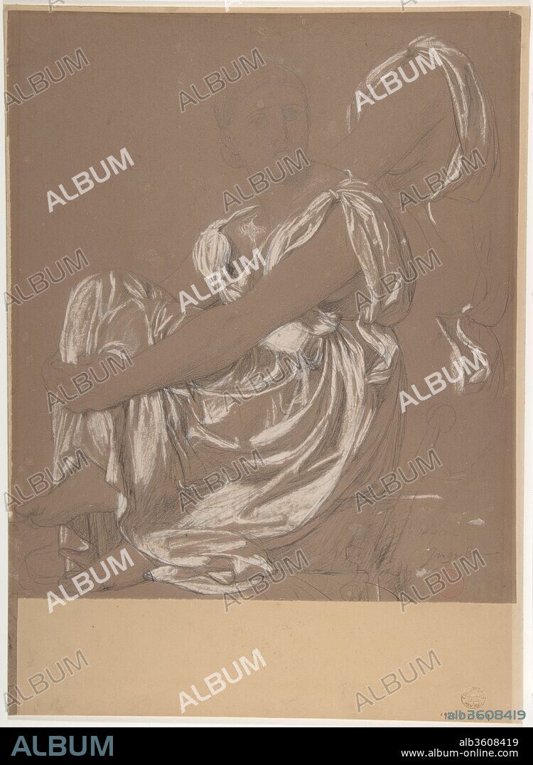 Seated Female Figure. Study for the Figure of the Iliad in: The Apotheosis of Homer. Artist: Jean Auguste Dominique Ingres (French, Montauban 1780-1867 Paris). Dimensions: 12 3/8 x 10 5/8 in.  (31.4 x 27 cm). Date: ca. 1827.
