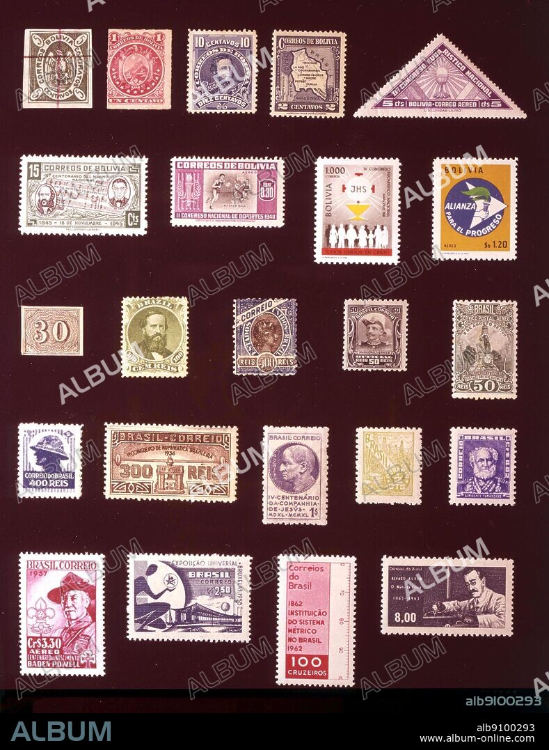 AMERICA - BOLIVIA AND BRAZIL: (left to right) 1. Bolivia, 5 centavos, 1866, 2. Bolivia, 1 centavo, 1887, 3. Bolivia, 10 centavos, 1904, 4. Bolivia, 2 centavos, 1935, 5. Bolivia, 5 centavos, 1939, 6. Bolivia, 15centavos, 1946, 7. Bolivia, 30 centavos, 1951, 8. Bolivia, 1000 bolivianos, 1962, 9. Bolivia, 1.20 pesos, 1963, 10. Brazil, 30 reis, 1850, 11. Brazil, 100 reis, 1866, 12. Brazil, 500 reis, 1895, 13. Brazil, 50 reis, 1913, 14. Brazil, 50 reis, 1929, 15. Brazil, 400 reis, 1932, 16. Brazil, 300 reis, 1936, 17. Brazil, 1 milreis, 1941, 18. Brazil, 2 centavos, 1949, 19. Brazil, 2 centavos, 1954, 20. Brazil, 3.30 cruzeiros, 1957, 21. Brazil, 2.50 cruzeiros, 1958, 22. Brazil, 100 cruzeiros, 1962, 23. Brazil, 8 cruzeiros, 1963.