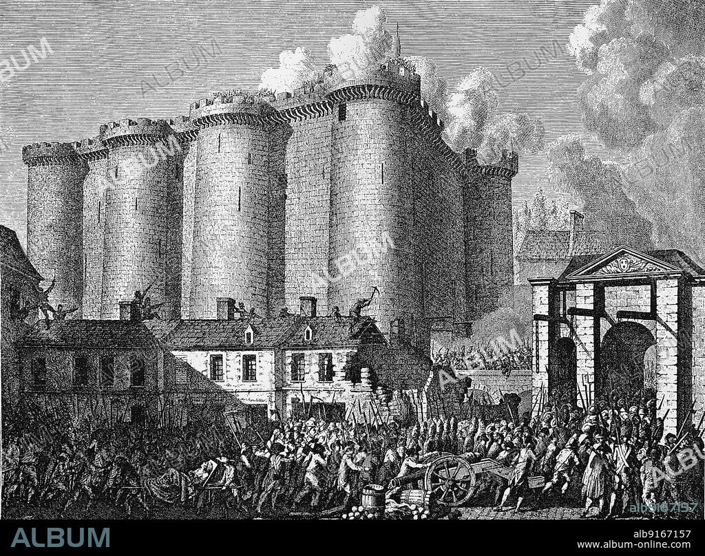 Storming of the Bastille on 14 July 1789 is considered one of the significant events at the beginning of the French Revolution. The Bastille, symbol of the oppression by the Ancien Régime, was surrounded by a crowd and finally taken, France, Historical, digitally restored reproduction from a 19th century original, exact date unknown, Europe.