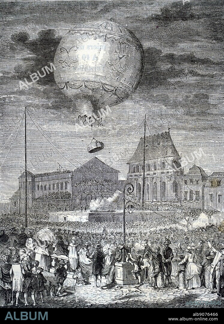 Engraving depicting the Montgolfier brothers making a hot-air balloon ascent at Versailles in front of the French royal family in 1783. Joseph-Michel Montgolfier and Jacques-Étienne Montgolfier were paper manufacturers from Annonay, in Ardèche, France best known as inventors of the Montgolfière-style hot air balloon, globe aérostatique. Dated 19th century.