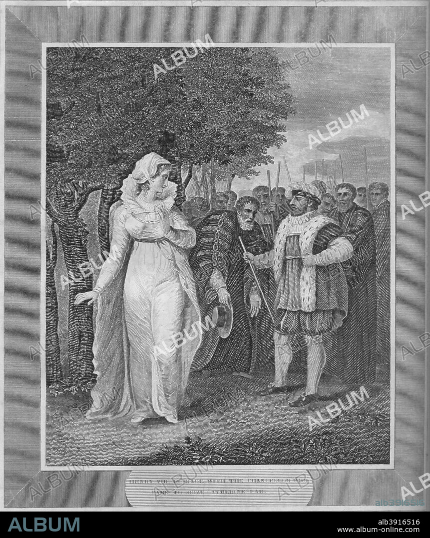 'Henry VIII in rage with the Chancellor Who Came To Seize Catherine Parr', 1838. Henry VIII (1491-1547), King of England from 1509 until his death. Catherine Parr (1512-1548), Queen of England and of Ireland (1543-47) as the last of the six wives of King Henry VIII. From The History of England, Vol. 1, by David Hume, Esq. & Hewson Clarke, Esq. [Thomas Kelly, London, 1838].