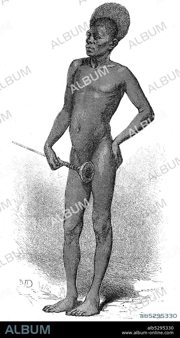 Native of the tribe of Chillouk, Schilluk, a Nilotenian ethnicity in South Sudan  /  Eingeborener vom Stamm der Chillouk, Schilluk, eine zu den Niloten gehörige Ethnie im Südsudan, Reproduction of an original 19th century print / Reproduktion von einem Originaldruck aus dem 19. Jahrhundert.