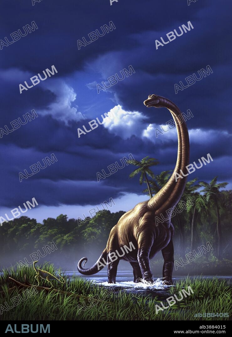 A startled Brachiosaurus splashes through a swamp against a stormy sky.