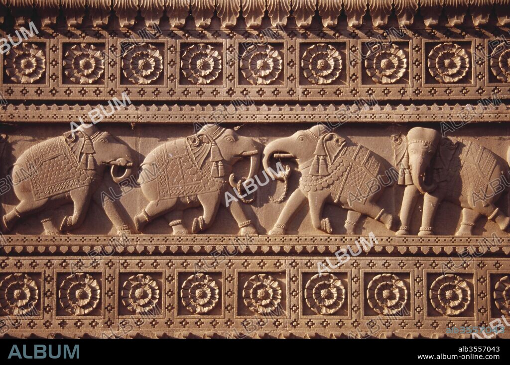 Carving - panel of elephant on Hindu temple - Maheshwar  , Madhya Pradesh , India.