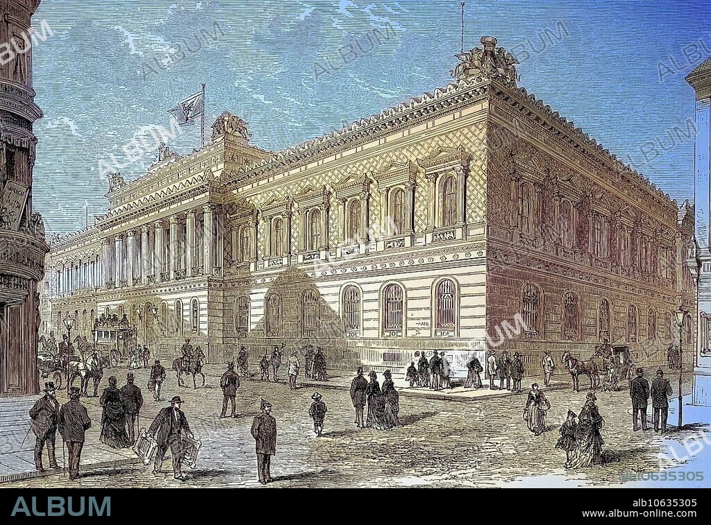 Digitally restored, The building of the Reichsbank in Berlin, Germany, Illustration, The Reichsbank was the central bank of Germany from 1876 to 1945, publication from the year 1882, Digitally improved:, The building of the Reichsbank in Berlin, The Reichsbank was the central bank of Germany from 1876 until 1945, publication from the year 1882, Europe.