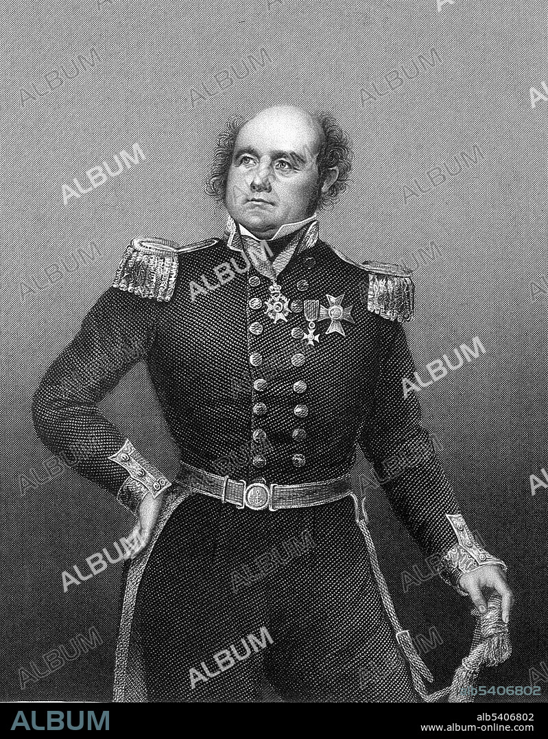 Rear-admiral Sir John Franklin (April 16, 1786 - June 11, 1847) was an English Royal Navy officer and Arctic explorer. In 1819, Franklin was chosen to lead an expedition overland from Hudson Bay to chart the north coast of Canada. He lost 11 of the 20 men in his party. Most died of starvation, but there were also at least one murder and suggestions of cannibalism. Franklin disappeared on his last expedition, attempting to chart and navigate a section of the Northwest Passage in the Canadian Arctic. The icebound ships were abandoned and the entire crew died of starvation, hypothermia, tuberculosis, lead poisoning, and scurvy. Stipple engraving by D. J. Pound, 1860, after M. Negelen.