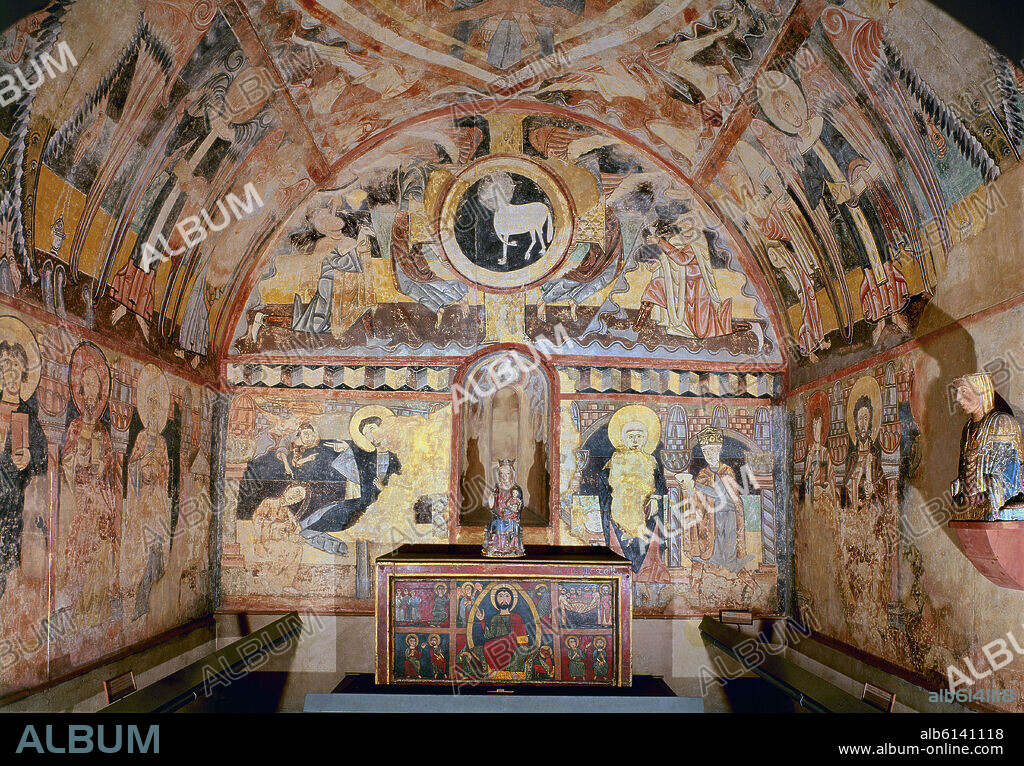 ANÓNIMO. PINTURA MURAL DE LA ERMITA DE LA VERA CRUZ DE MADERUELO - SIGLO XII - EN PRIMER TERMINO FRONTAL DE GUILS - ROMANICO ESPAÑOL.