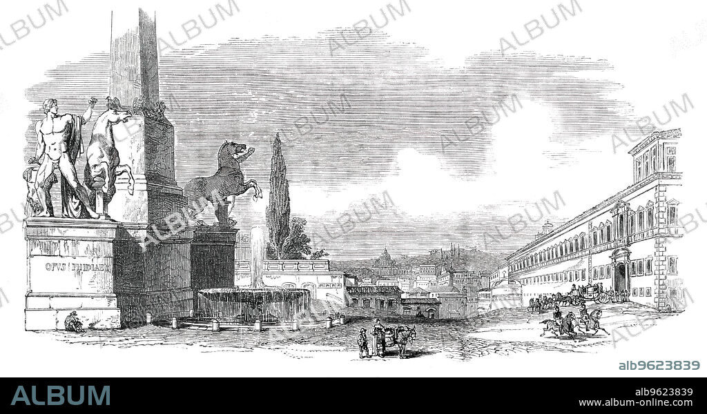 Monte Cavallo - Rome, 1850. 'The Piazza di Monte Cavallo...with the Quirinal Palace on the right...occupies the crest of the Quirinal Hill, and is so called from the celebrated groups of "the men and horses"...which stand on each side of the Egyptian obelisk, and close to the fountain...All three form most conspicuous objects of decoration in the open elevated place...and are a portion of the treasures which have rewarded the trouble of excavation...The horses and their riders were found in the year 1589, amongst the ruins of the Baths of Constantine, within a short distance of their present position, where they were planted bv Pope Sixtus V. They are said to be the work of the celebrated Grecian sculptors Phidias and Praxiteles, and to have been brought to Rome by Constantine the Great from Alexandria, in which city they had stood for several centuries previously'. From "Illustrated London News", 1850.