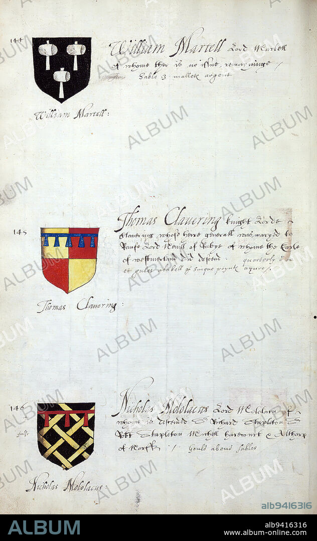 Book of English heraldry, Arms of William Martell, Thomas Clauring, and Nicholas Mololacus, This book of English heraldry was completed ca. 1589. The manuscript belonged to the Spencer family, as known through inscriptions on the first few flyleaves, including the motto 'Dieu defende Le Droit' (God defends the right). This motto has long been associated with the Spencer family of England, which is the family line of Princess Diana, as well as the Spencers who were among the founders of Virginia. The Spencer family's heraldry is included in the manuscript, along with the coats of arms of numerous prominent British families, including the Hasting, Gray, Beuford, and Percye families.