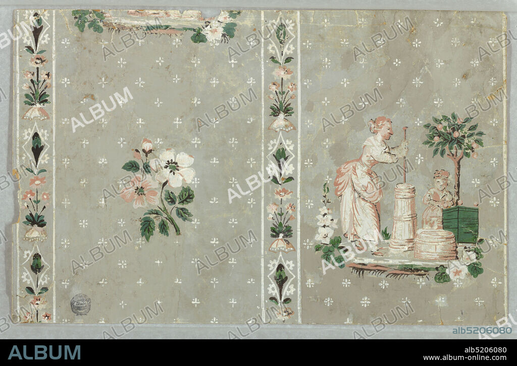 Sidewall, Block-printed on handmade paper, Design divided by narrow vertical stripes composed of small clusters of flowers separated by a diamond-like motif with a bud enclosed. Field of broad stripe composed of tiny clusters of pin points and daisies arranged in diagonal rows. On the right broad stripe is a scene compposed of a woman churning butter and a small child leaning against a tree planted in a tub is beside her. Opposite this motif in the other broad stripe is a cluster of flowers smaller in scale. Evidently these two motifs alternate., France, 18001815, Wallcoverings, Sidewall.