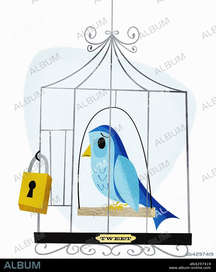Padlock on birdcage with label tweet containing sad bird.