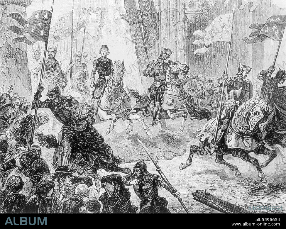 Charles VI le Fou ; roi de France. (1380-1422) ; 1368-1422. Entrée de Charles VI à Paris venant d'Amiens, oû il vient d'épouser Isabeau de Bavière, 1385. Grav. sur bois. (ill. de livre), 1875, de G. Burgun.