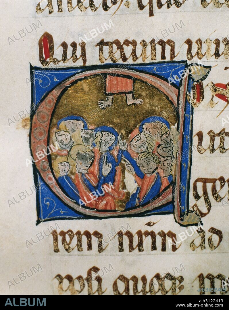 SACRAMENTAL EPISCOPAL D'ELNA. Manuscrito en pergamino. 270 mm x 190 mm. 96 folios. Escriptorio de la Catedral d'Elna (?). (1275-1300). Escrito en letra minúscula gótica de gran formato y rúbricas en color rojo. Detalle de una LETRA CAPITULAR miniada con la representación de "LA ASCENSION DEL SEÑOR", con fondo de oro. Museu Episcopal de Vic. Provincia de Barcelona. Comarca de Osona. Cataluña.