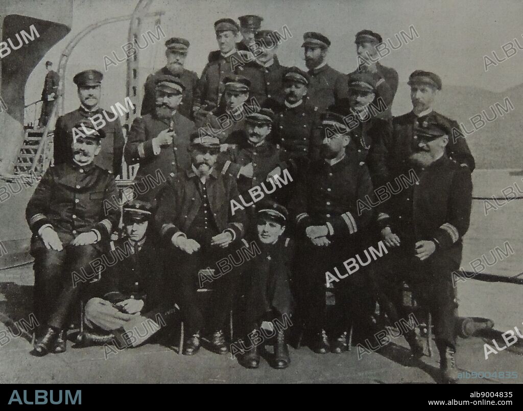 World War I - surviving officers and crew of the French battleship 'Bouvet' sinking near gallipoli 1915. In World War I, she escorted troop convoys from North Africa to France. She then joined the naval operations off the Dardanelles, where she participated in a major attack on the Turkish fortresses in the straits on 18 March 1915. During the attack, she struck a mine and sank within two minutes; only some 50 men were rescued from a complement of 710.