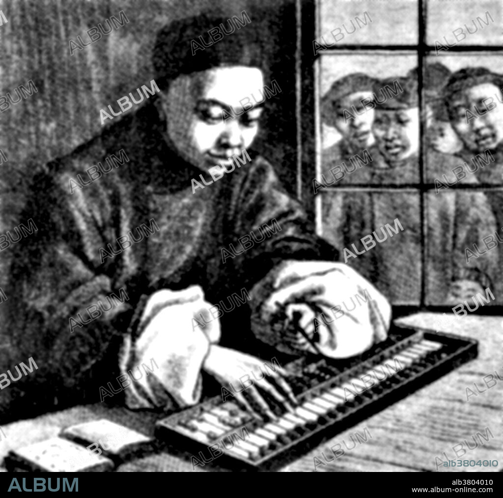 Merchant using abacus in ancient China. An abacus is a counting device that consists of a frame holding rods on which a specific number of beads are free to move. Each rod designates a given denomination (units, tens, hundreds, etc) in the decimal system, and each bead represents a digit or a specific number of digits. Originally they were beans or stones moved in grooves in sand or on tablets of wood, stone, or metal. The abacus was in use centuries before the adoption of the written modern numeral system and is still widely used by merchants, traders and clerks in Asia, Africa, and elsewhere. The user of an abacus is called an abacist.