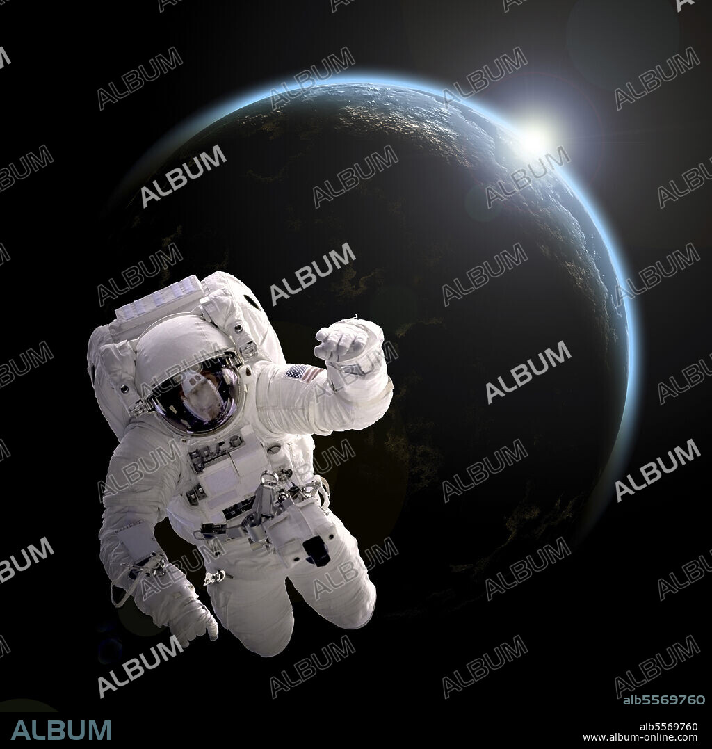 Artist's concept of an astronaut floating in outer space. An Earth-like planet sees sunrise in the background.