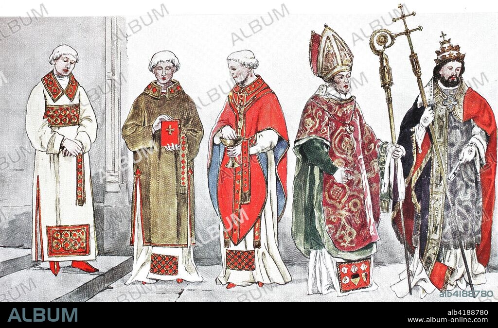 Clothing, fashion, costumes of the priests, bishops and popes from the 14th-18th century, from left, Roman deacon around 1460, a Flemish deacon around 1460, a priest in Messornat around 1470, bishop in double casula over Dalmatika and Alba and Mitra and a pope in the official costume, that is, as a bishop of the Lateran Church in Rome, digital improved reproduction of an original print from the 19th century.