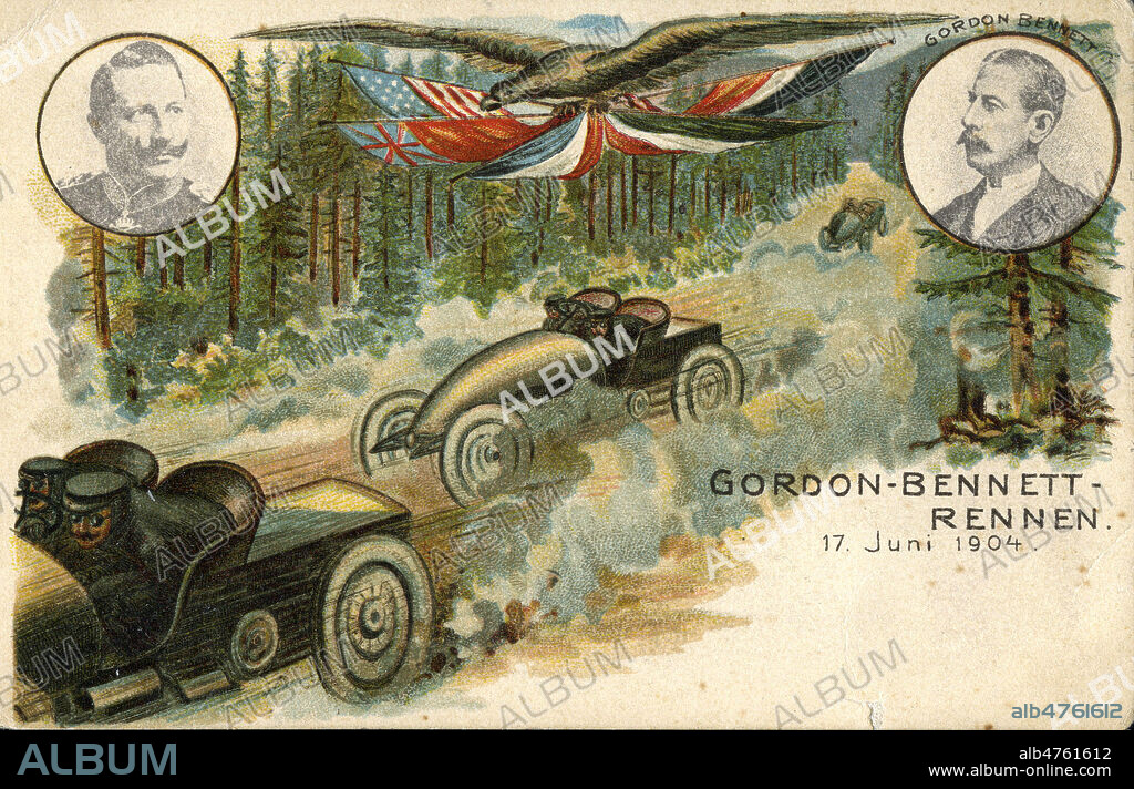 Course automobile Gordon-Bennett-Rennen de 1904, qui s'est deroulee en Allemagne. Illustration anonyme pour une carte postale. Credit : Collection IM/KHARBINE-TAPABOR.