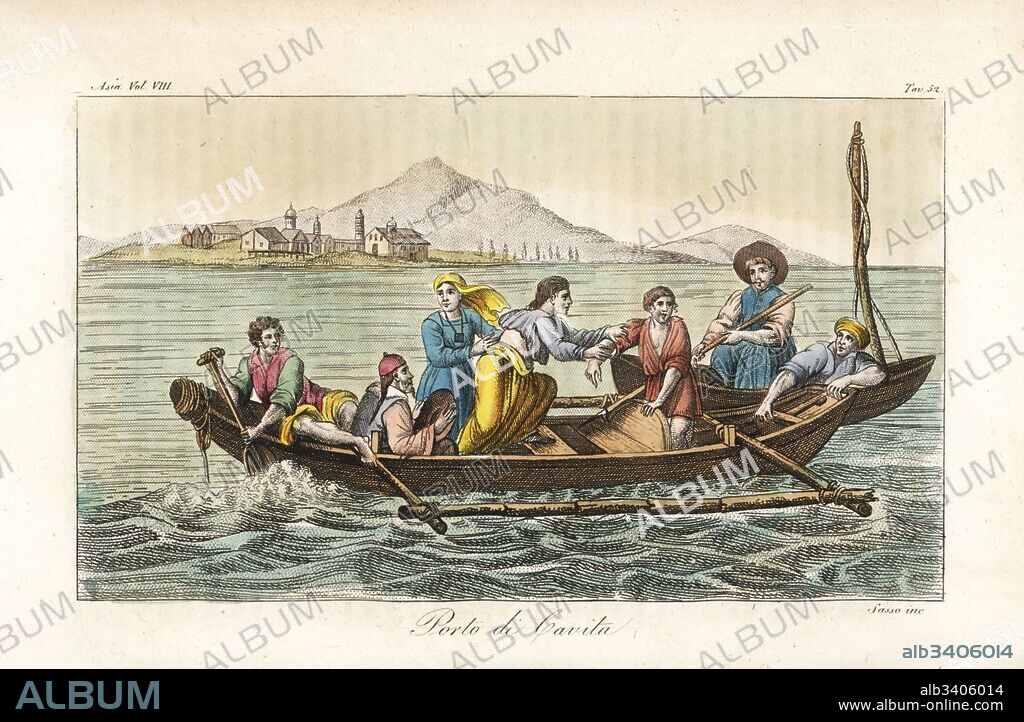 Tagalog people on a boat in front of Puerto de Cavite, Spanish port in Manila Bay, Philippines. Copied from a painting by Duche de Vancy and J.M. Moreau le Jeune in La Perouse. Handcoloured copperplate engraved by Sasso from Giulio Ferrario's Ancient and Modern Costumes of all the Peoples of the World, Florence, Italy, 1844.