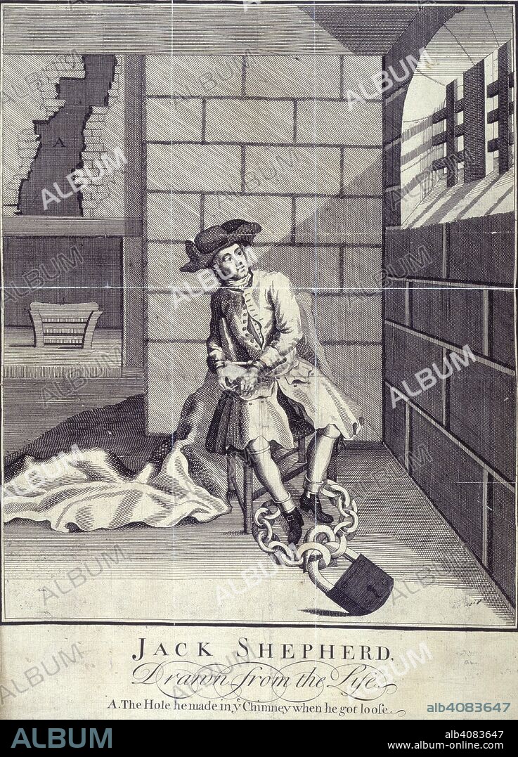Jack Sheppard. A Narrative of all the Robberies, Escapes, &c. of. John Applebee: London, 1724. Jack Shepherd': Jack Sheppard (1702 - 1724) English criminal. In prison.  Image taken from A Narrative of all the Robberies, Escapes, &c. of John Sheppard: giving an exact descrption of the manner of his wonderful escape from the castle in Newgate Written by himself after his being retaken in Drury-Lane [or rather, written by D. Defoe].To which is prefix:d, a true representation of his escape engraven on a copper plate.  Originally published/produced in John Applebee: London, 1724. . Source: 518.f.38, frontispiece.