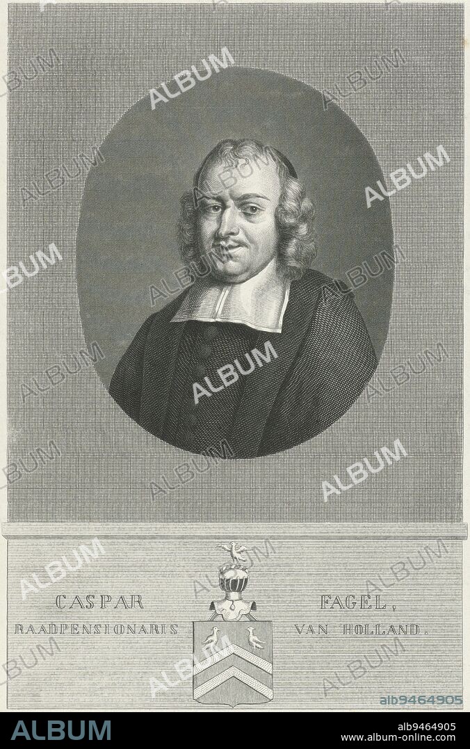Portrait of Caspar Fagel (1634-88), pensionary of Holland since 1672. In the margin his name, title and coat of arms, Portrait of Caspar Fagel, print maker: Jan Frederik Christiaan Reckleben, (mentioned on object), after: Johannes Vollevens (I), Amsterdam, 1877 - 1879, paper, steel engraving, h 261 mm × w 175 mm.