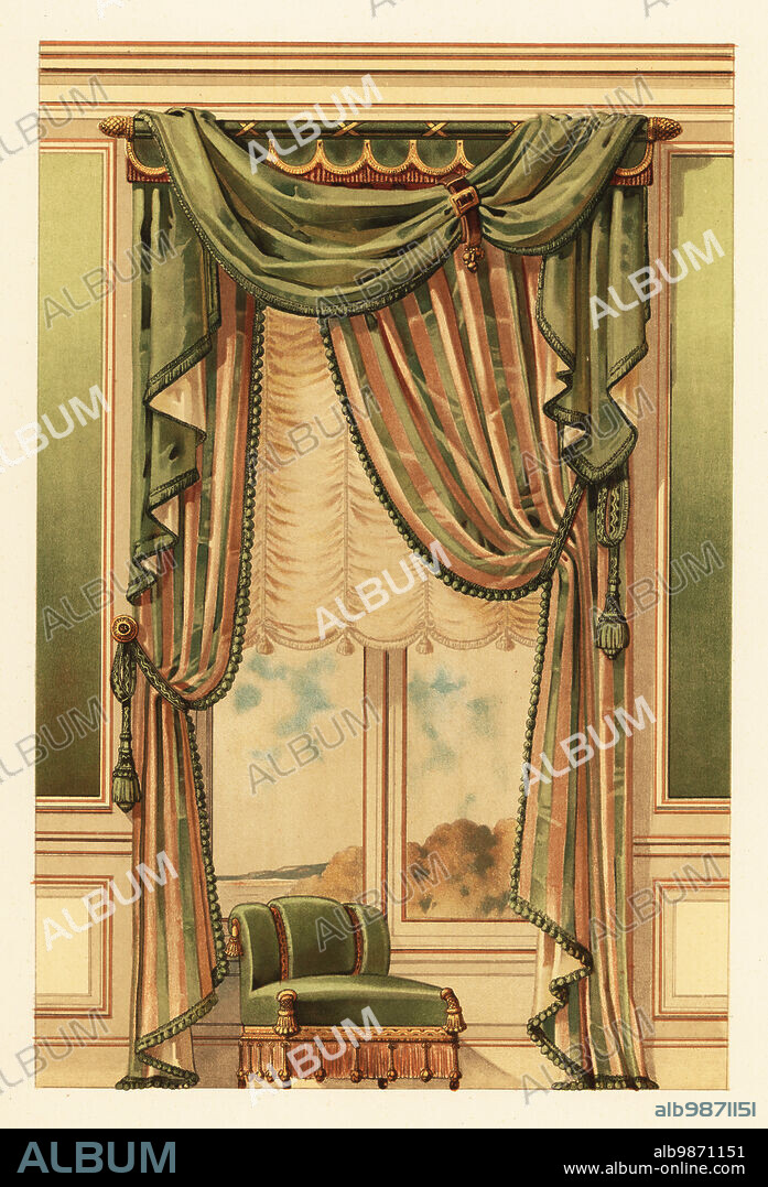 Fantasy wall hanging, circa 1900. Wooden pelmet, velvet lambrequin, plush drapes, gourgouran curtains, silk blind and chair. Planche 21. Croisee Fantaisie. Baton bois recouvert, et petit lambrequin de velours, draperie peluche, bracelet peluche et metal. Grand et petit rideaux gourgouran. Chromolithograph by Henry Sicard et A. Farradesche after an illustration by Ernest Foussier from his Nouveaux Modèles de Tentures, Decorations de Fenêtres, New Models of Wall Hangings, Window Decorations, E. Thezard Fils, Librairie Speciale dArchitecture, Dourdan, France, 1900. Foussier (1859-1917) was a French architect and interior decorator who worked in Paris.