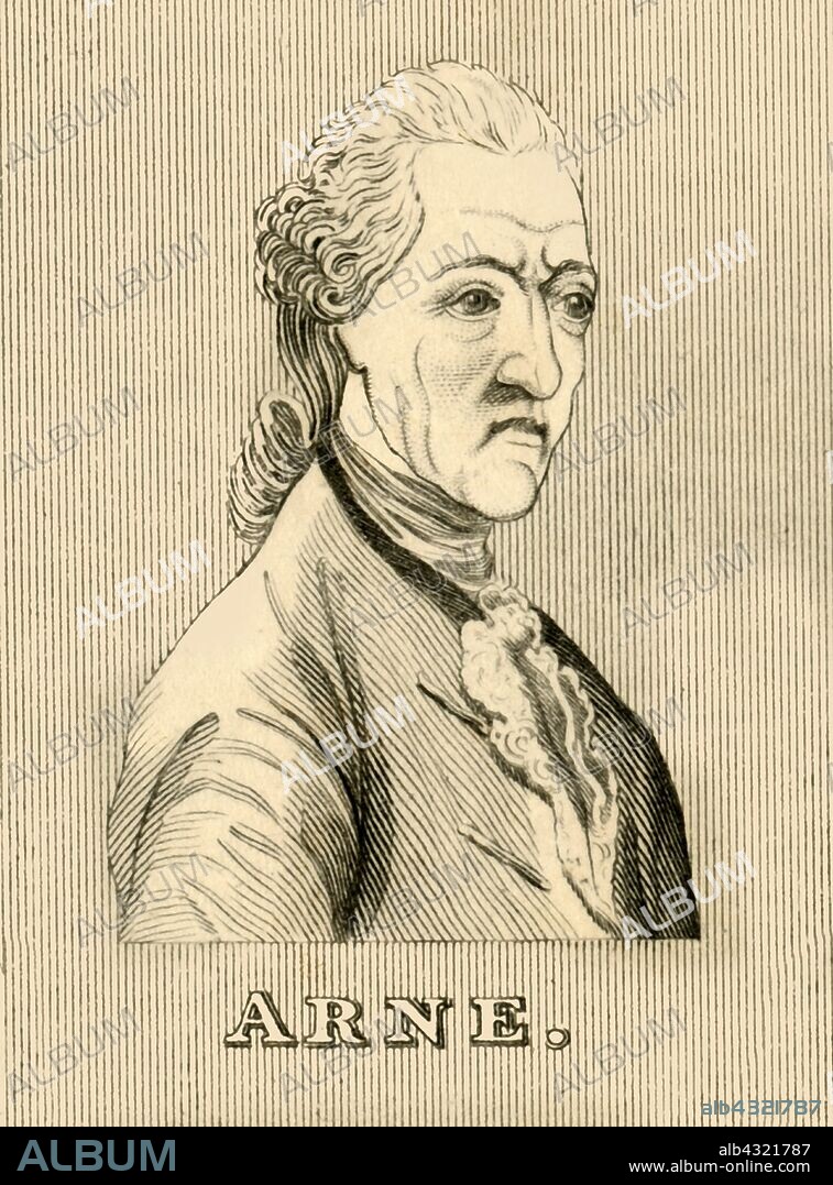 'Arne', (1710-1778) , 1830. Thomas Arne (1710-1778) English composer, best known for his patriotic song Rule Britannia, which has become a second national anthem to God Save the Queen.  From "Biographical Illustrations", by Alfred Howard. [Thomas Tegg, R. Griffin and Co., J. Cumming, London, Glasgow and Dublin, 1830].