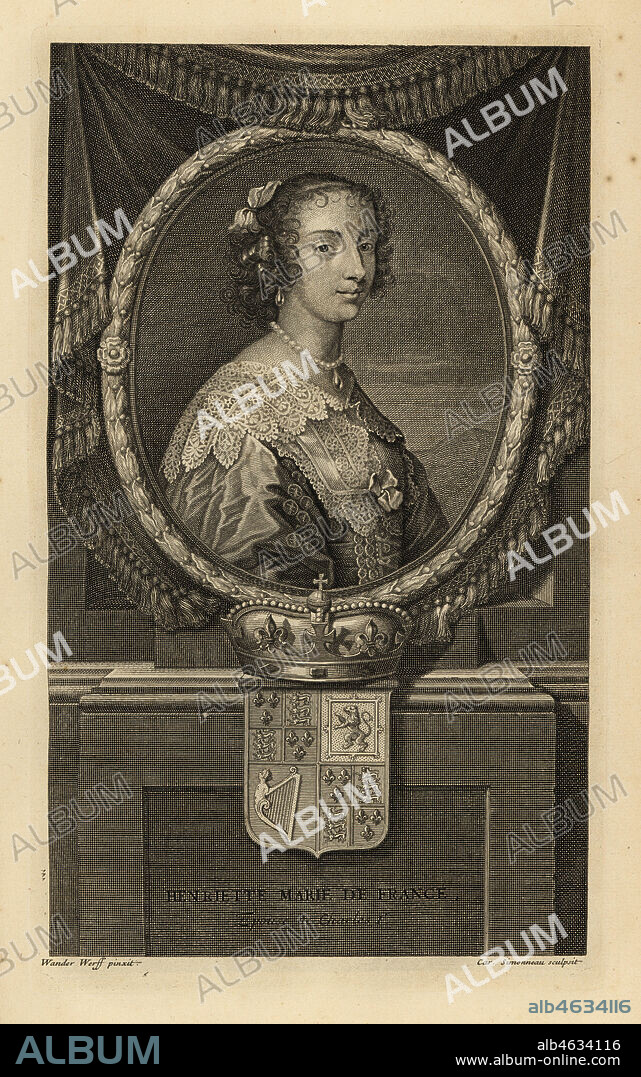Henrietta Maria of France, wife of King Charles I of England. Henriette Marie de France. In dress with lace collar, pearl necklace. With crown and coat of arms. Copperplate engraving by Charles Simonneau after Adriaen van der Werff from Isaac de Larreys Histoire dAngleterre, dEcosse et dIrlande, Amsterdam, 1730.