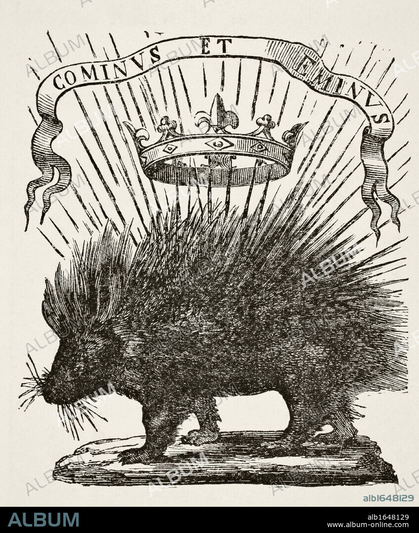 Device of Louis XII, King of France, 1498-1515. A porcupine with the motto Cominus et eminus, From Far and Near. This was the device of his grandfather, who, in 1397 instituted the Order of the Porcupine. From Science and Literature in The Middle Ages by Paul Lacroix published London 1878.