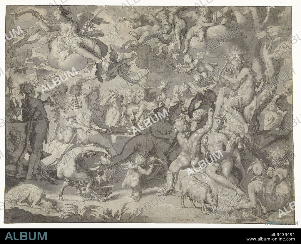 Wedding of Peleus and Thetis, Joachim Wtewael, 1576 - 1610, draughtsman: Joachim Wtewael, 1576 - 1610, paper, pen, brush, h 317 mm × w 417 mm.