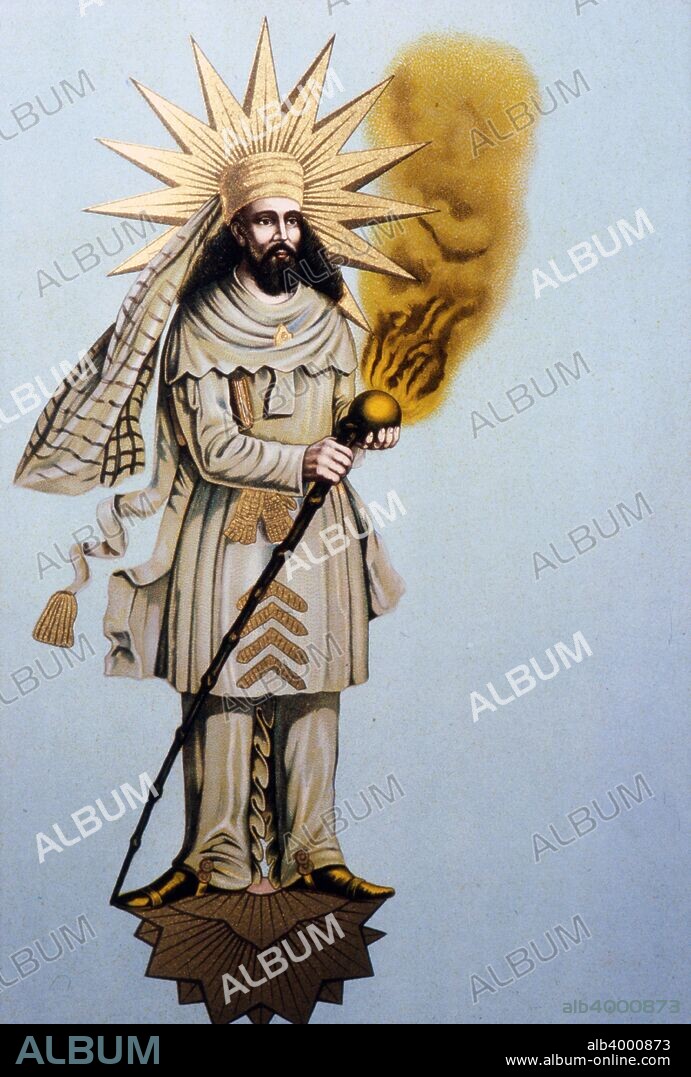 Zoroaster, from Maharashtra, India, c19th century. Indian-Zoroastrian perception of Zoroaster derived from a figure that appears in a 4th century sculpture at Taq-e Bostan in south-western Iran.  Zoroaster was an ancient Persian-speaking prophet whose teachings and innovations on the religious traditions developed into the religion of Zoroastrianism.