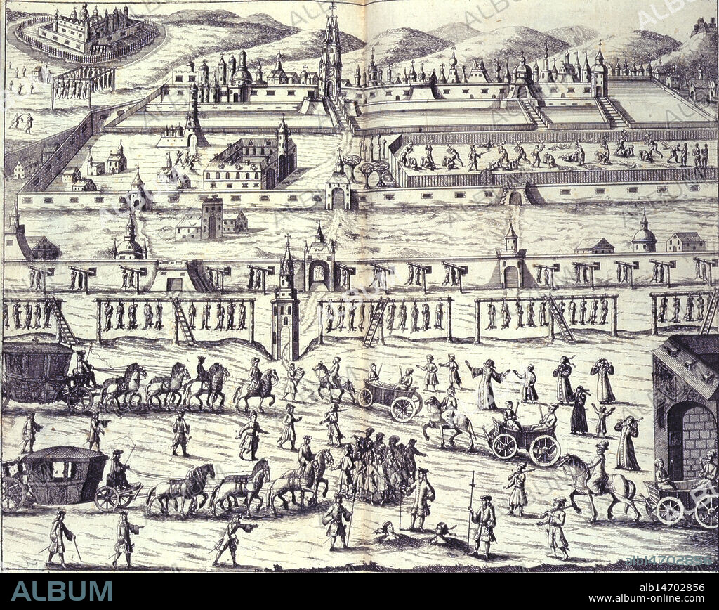 Execution of the Streltsy, 1698, (1700). Peter the Great's execution of the Streltsy, outside the walls of the Kremlin. Between 22 June and 28 June 1698, fifty-seven of the Streltsy uprising leaders were executed by hanging. From Diarum Itineris in Moscoviam by Joannes Georgius Korb.