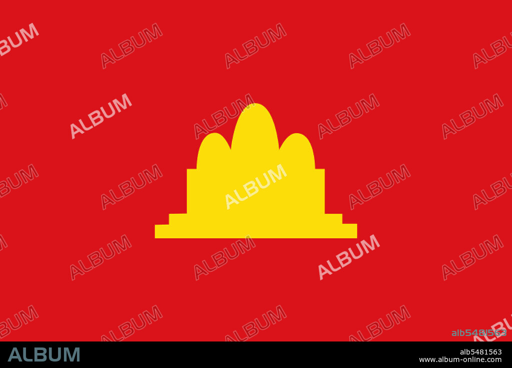 Flag of the communist republic of Democratic Kampuchea (1975-1979). Three yellow towers of Angkor Wat on a red field.