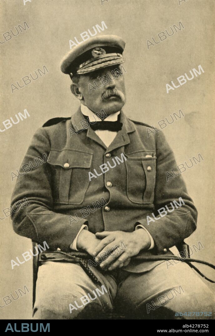 'Major-General Sir J. D. P. French, K.C.B.', 1901. Portrait of British soldier John Denton Pinkstone French, 1st Earl of Ypres. Field Marshal French (1852-1925) served during the Boer Wars, and was first Commander-in-Chief of the British Expeditionary Force for the first two years of World War I before serving as Commander-in-Chief of Home Forces. In 1918 Lord French became Lord Lieutenant of Ireland, a position he held throughout much of the Irish War of Independence. From "The Life and Deeds of Earl Roberts, Vol. IV. - To Lord Roberts's Reign in Pall Mall", by J. Maclaren Cobban. [T. C. & E. C. Jack, Edinburgh, 1901].