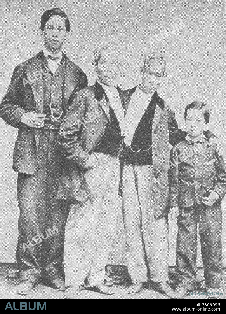 Eng and Chang Bunker with their sons. On the left is Eng with his son James (age 21). On the right is Chang with his son Albert (age 12). This photo was taken by the Boston photographer Samuel Masury after the twins came out of retirement in 1870. Chang and Eng Bunker (1811-1874) were conjoined twins from Siam (now Thailand) who settled in North Carolina after a celebrity career in which they toured the world giving lectures and demonstrations.