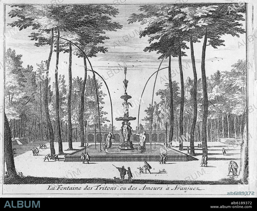 LA FUENTE DE LOS TRITONES EN EL JARDIN DE LA ISLA DE ARANJUEZ - GRABADO SIGLO XVIII.