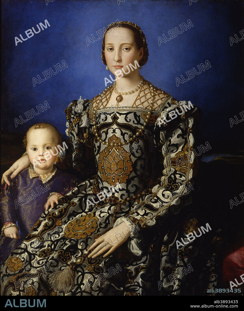 IL BRONZINO. Portrait of Eleanor of Toledo with her son Giovanni de' Medici. Date/Period: From 1544 until 1545. Painting. Oil on panel. Height: 115 cm (45.2 in); Width: 96 cm (37.7 in).