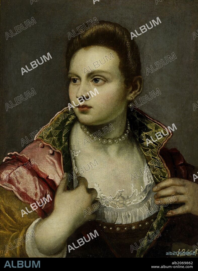 Domenico Tintoretto / 'Dama tapándose el seno', Hacia 1590, Escuela Italiana, Óleo sobre Lienzo, 65 cm x 51 cm, P00384.